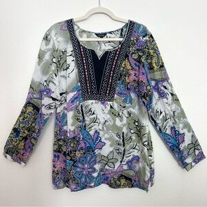 J. Peterman Embroidered Beaded Blouse Top Tunic Boho Festival Resort Size Medium